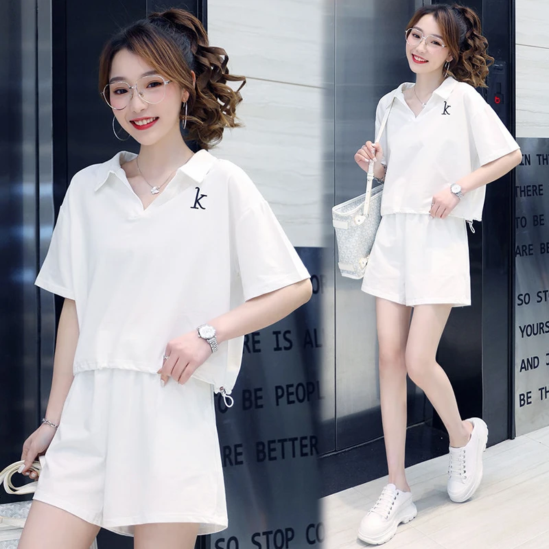 短袖POLO衫+短裤休闲运动服套装夏季女装新款时尚百搭洋气两件套