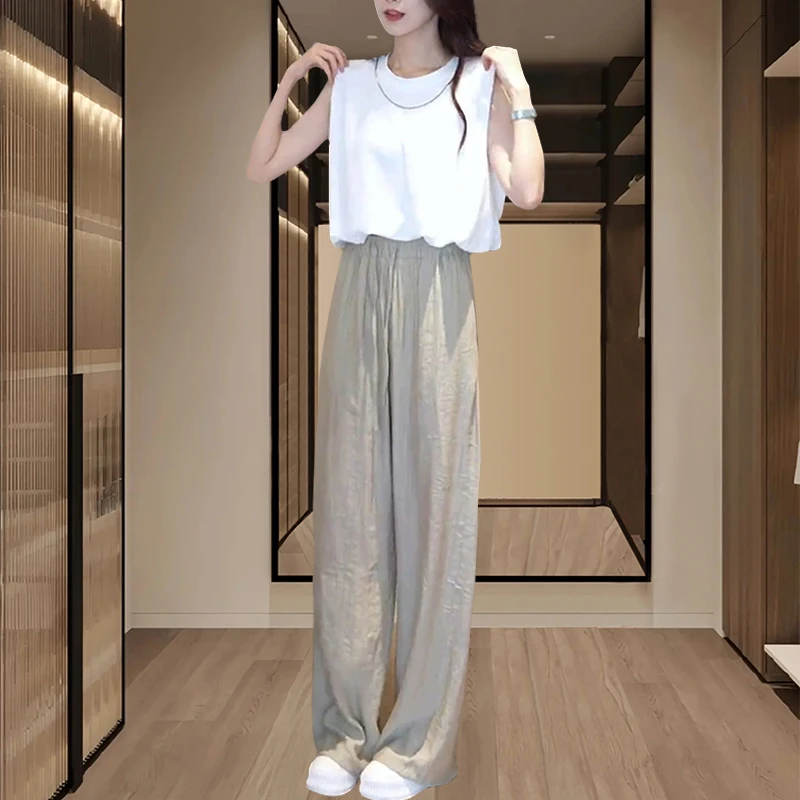 2025夏季时尚新款休闲通勤套装女士无袖圆领衬衫宽松阔腿裤两件套