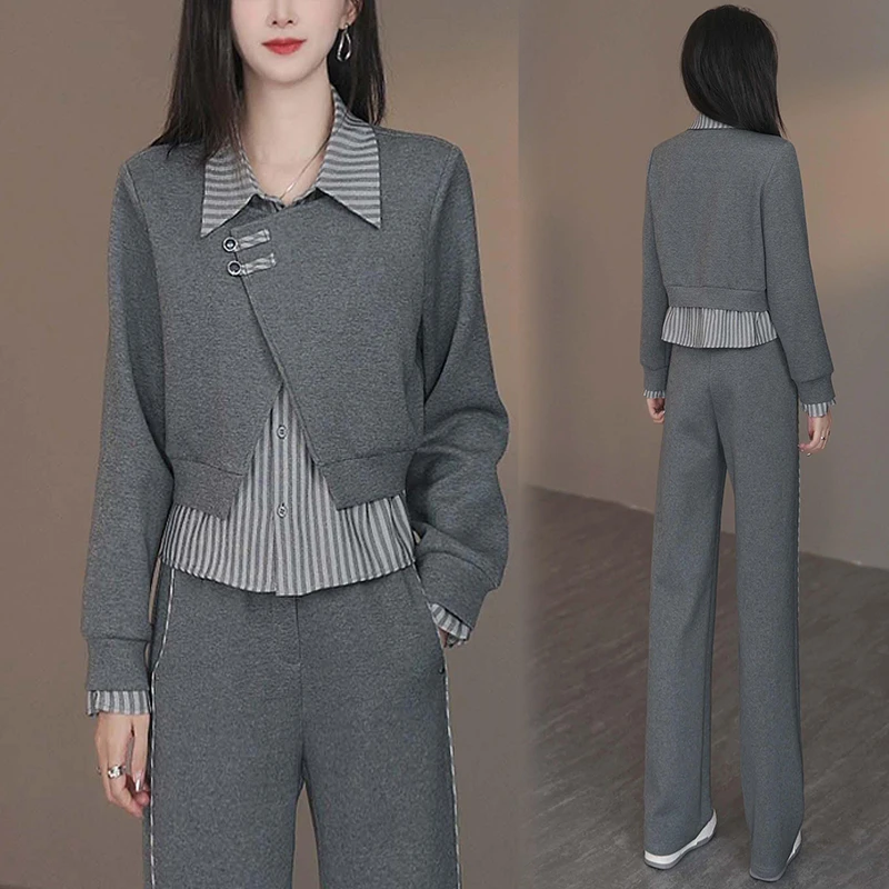 香朵儿假两件上衣直筒裤两件套2025春秋新款轻奢品质女装时尚套装