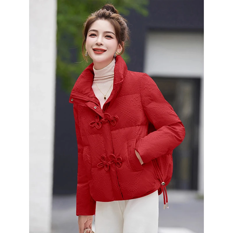 红色新中式盘扣短款棉服2024冬季新款小个子时尚气质减龄棉袄外套