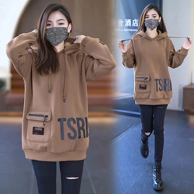 减龄中长款红色卫衣女士连帽2025春秋季新款时尚韩版宽松上衣外套