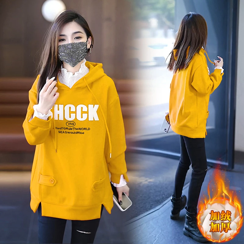 假两件蕾丝拼接卫衣女加绒加厚半高领秋冬宽松洋气连帽中长款外套