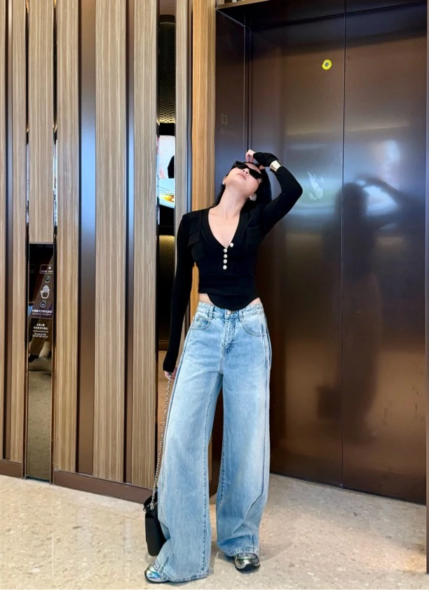 徐达琳 2024秋季新款浅蓝直筒阔腿牛仔裤显瘦显高拖地设计LD9002