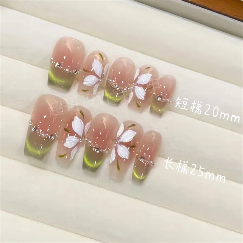 【冰花绿精灵】纯手工穿戴甲高端猫眼手绘冰花显白气质美甲