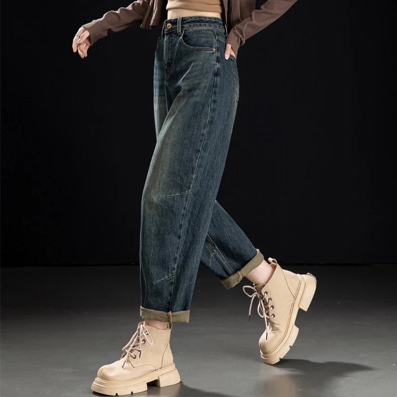 复古老爹牛仔裤女款爆款2025新款秋季宽松哈伦裤女品牌高端九分裤