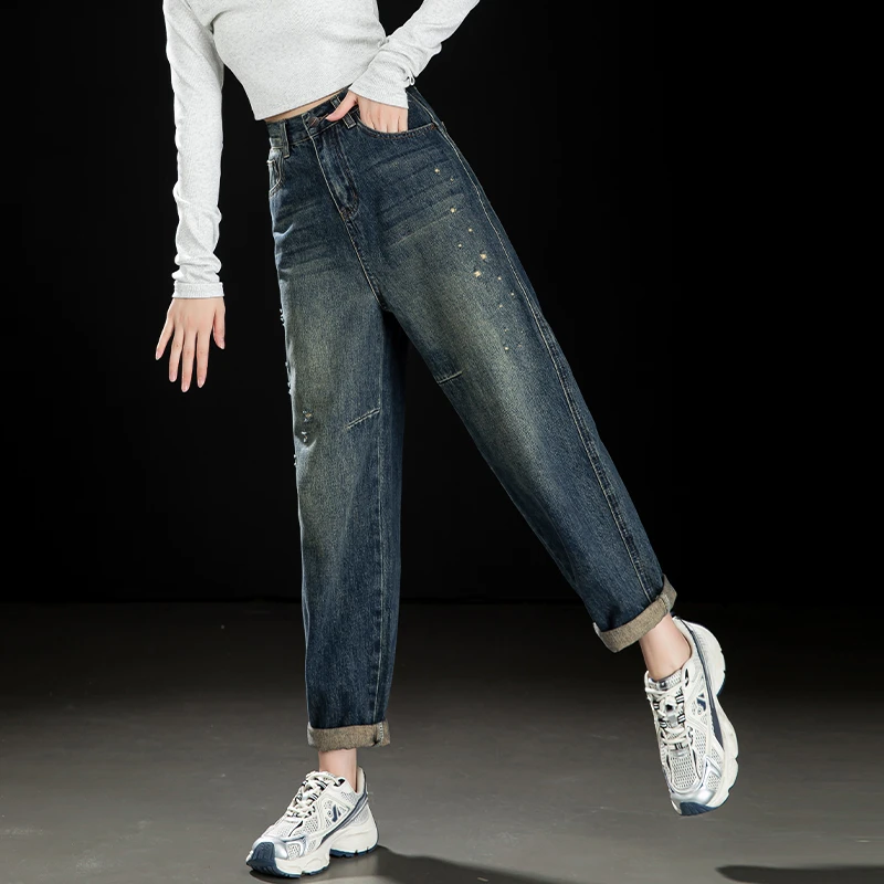 返潮复古怀旧牛仔裤2025年新款女春小众设计感哈伦裤女高腰老爹裤