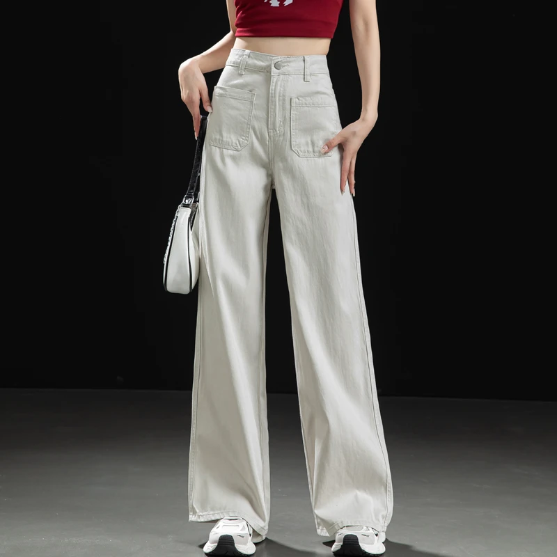 天丝牛仔裤2025年新款女裤高腰灰白色阔腿裤女夏季薄款直筒拖地裤