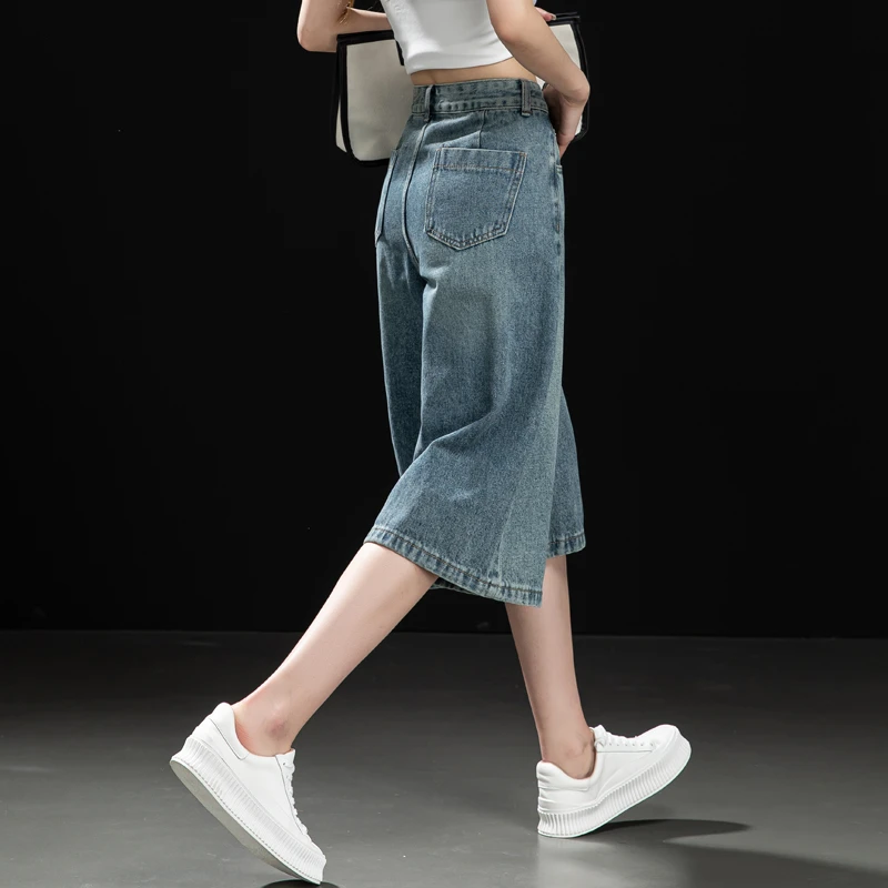 品牌七分裤女2025新款夏薄款高腰显瘦阔腿牛仔裤女宽松直筒裤中裤