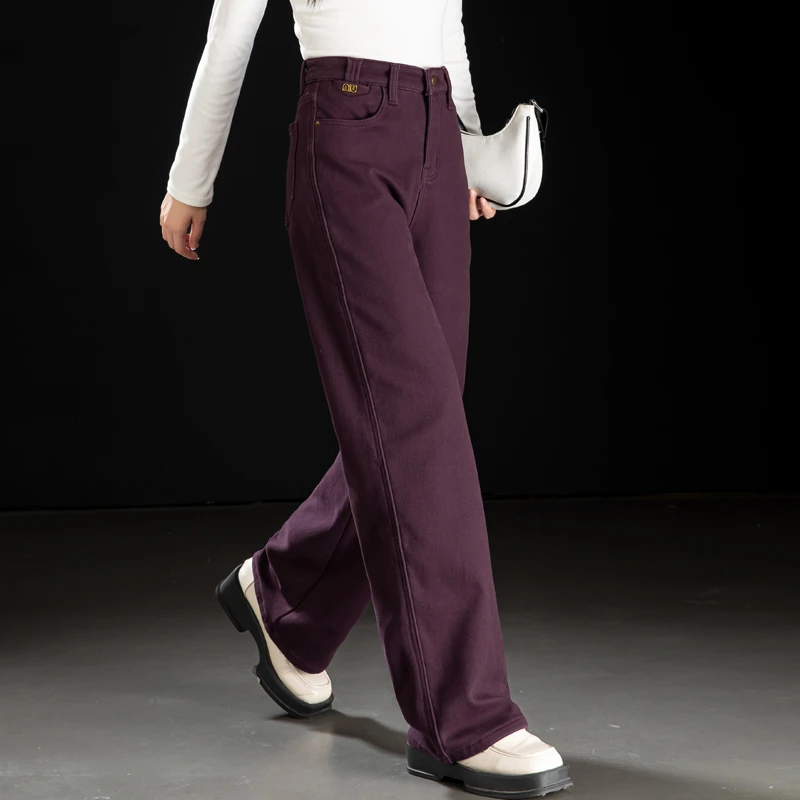 紫色加绒裤子女款爆款2025新款冬季阔腿裤女直筒牛仔裤拖地裤长裤
