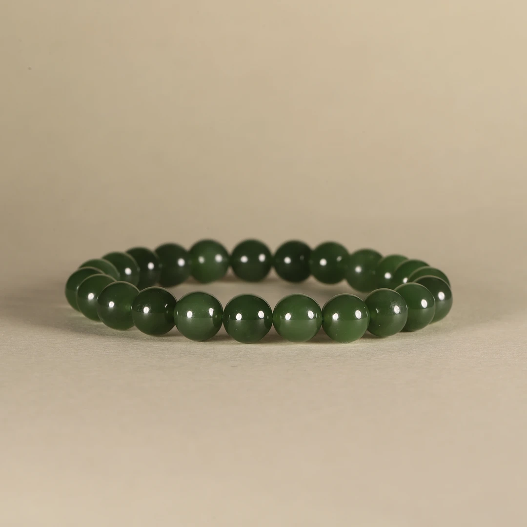 【微瑕不匀】【汪氏珠宝】和田玉菠菜绿俄碧玉手串 约8-9mm 0719-F037