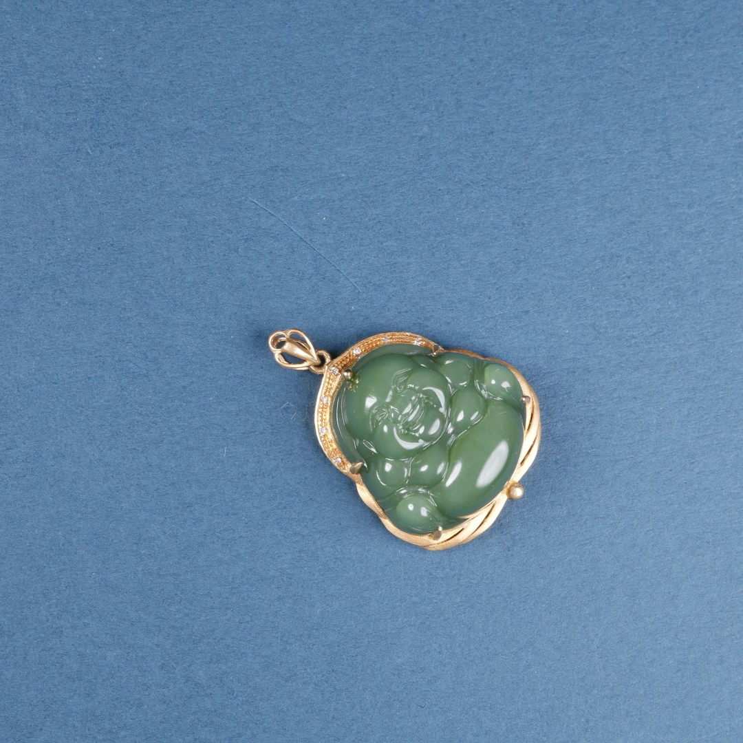 【汪氏精品】和田玉18k冰胶感猫眼果绿弥勒佛 5901-G9 多样性发其一