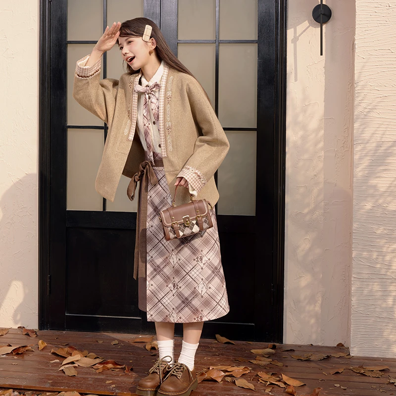 十三余小豆蔻儿[葡萄红茶]日常对襟衫上衣两片裙改良汉服套装