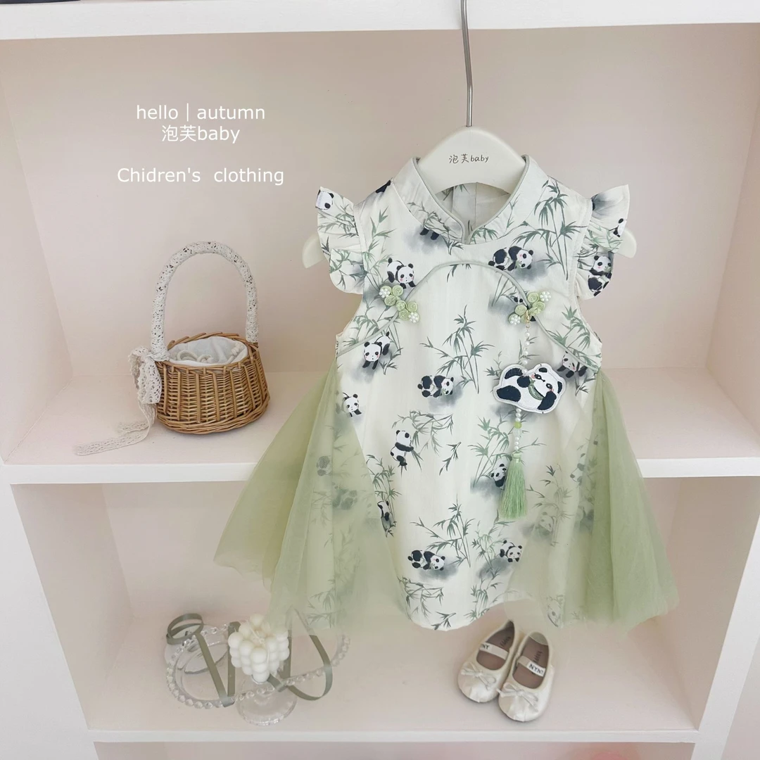 国潮穿搭#女童飞袖汉服连衣裙夏季新品洋气女宝宝熊猫旗袍
