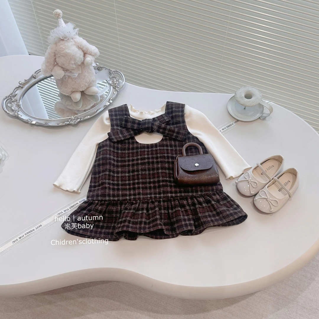 【现】韩版女童格子连衣裙加厚秋冬新品洋气女宝宝背心裙子