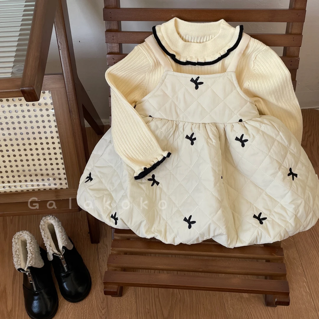 韩版女童刺绣蝴蝶结棉裙2024韩版洋气女宝宝连衣裙公主裙