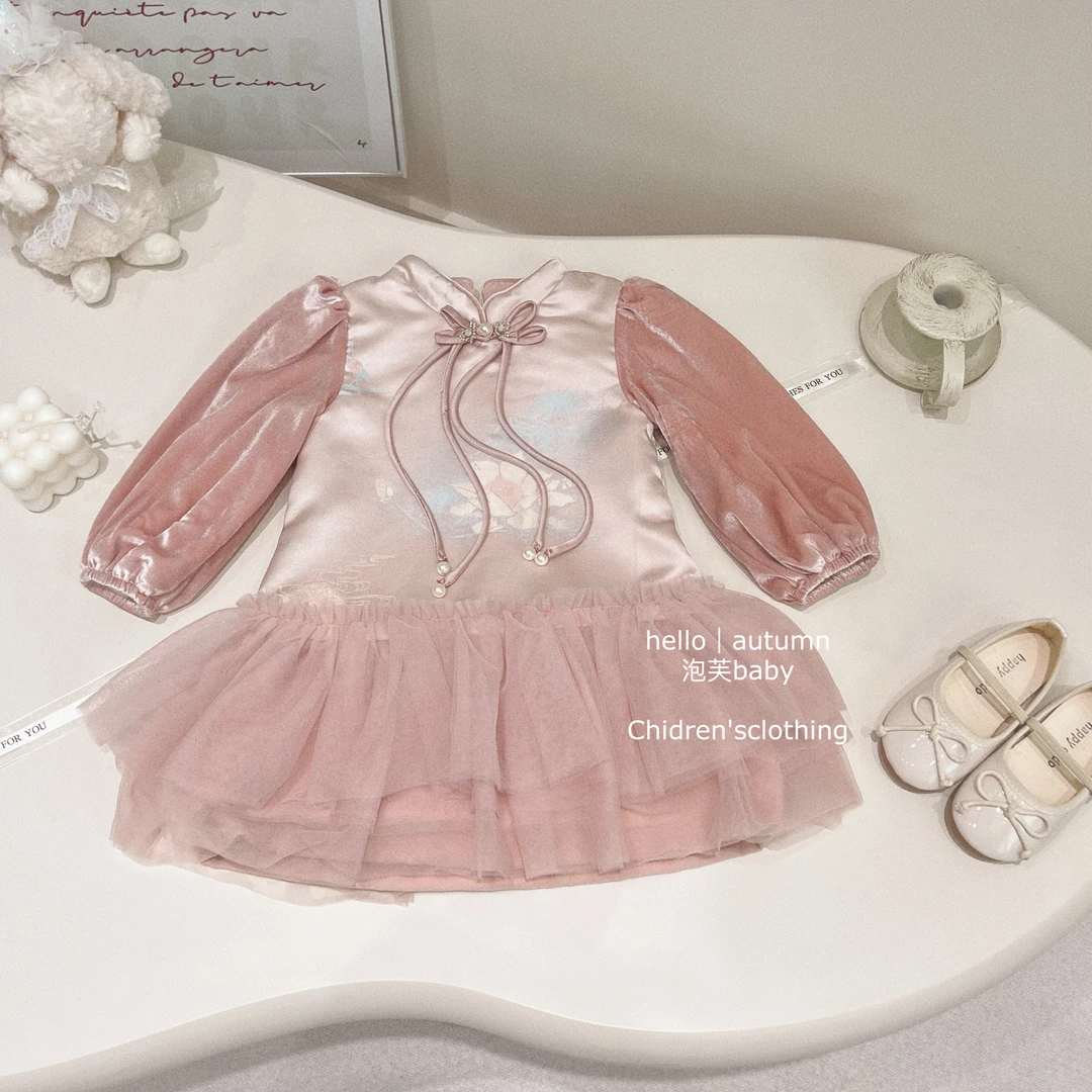 【泡芙baby】女童2024秋冬新款加绒汉服连衣裙女粉色周岁中国礼服裙