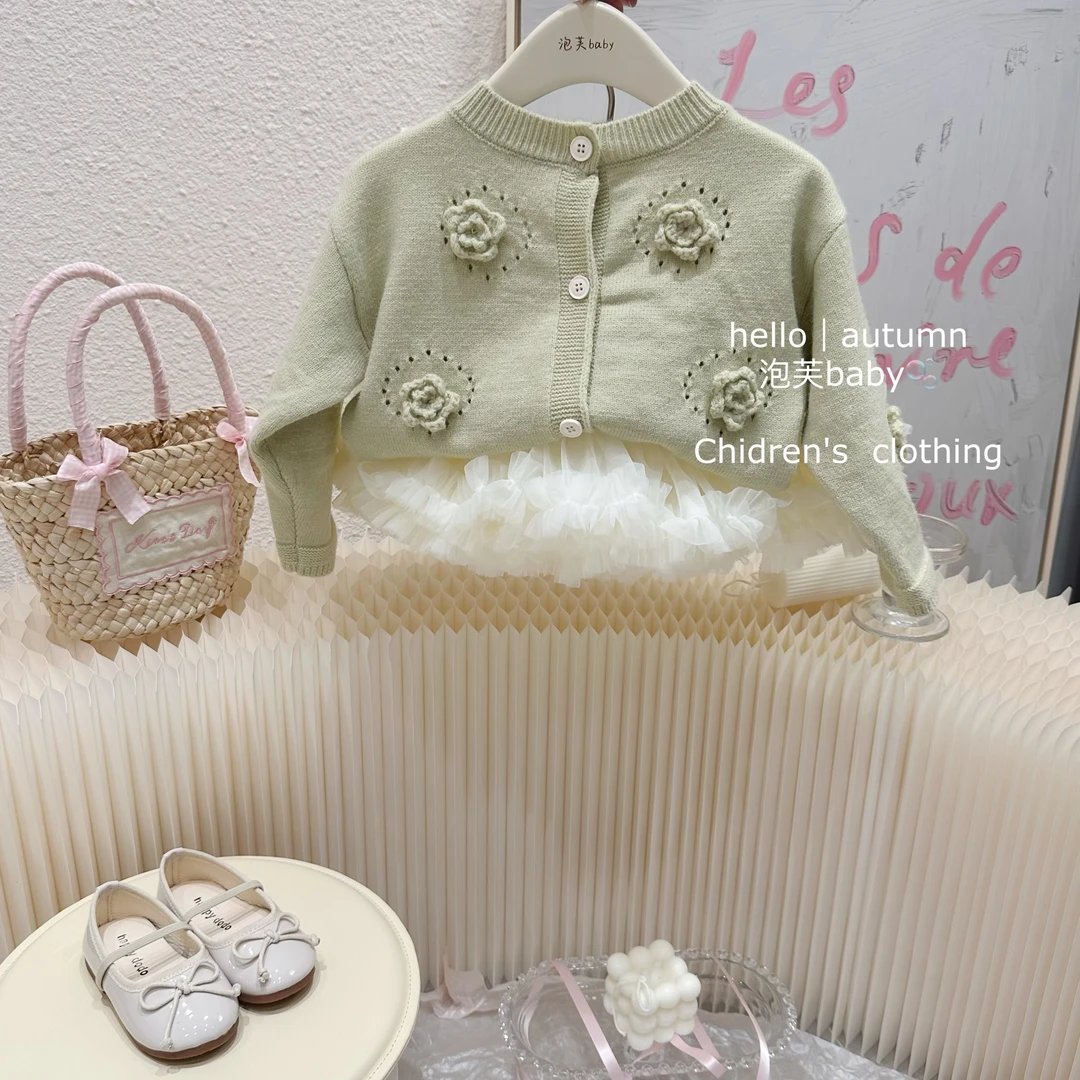 【现】韩系春秋小女童套装裙蕾丝风宝宝针织开衫蓬蓬半身裙