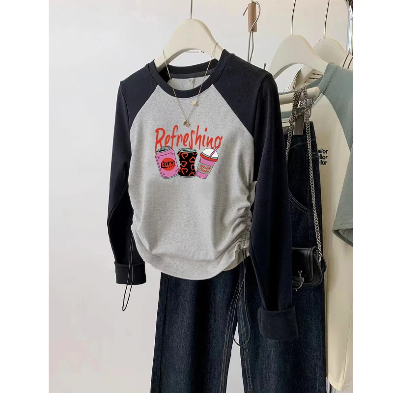 2023秋季新款韩版印花圆领长袖t恤女设计感小众抽绳显瘦百搭上衣