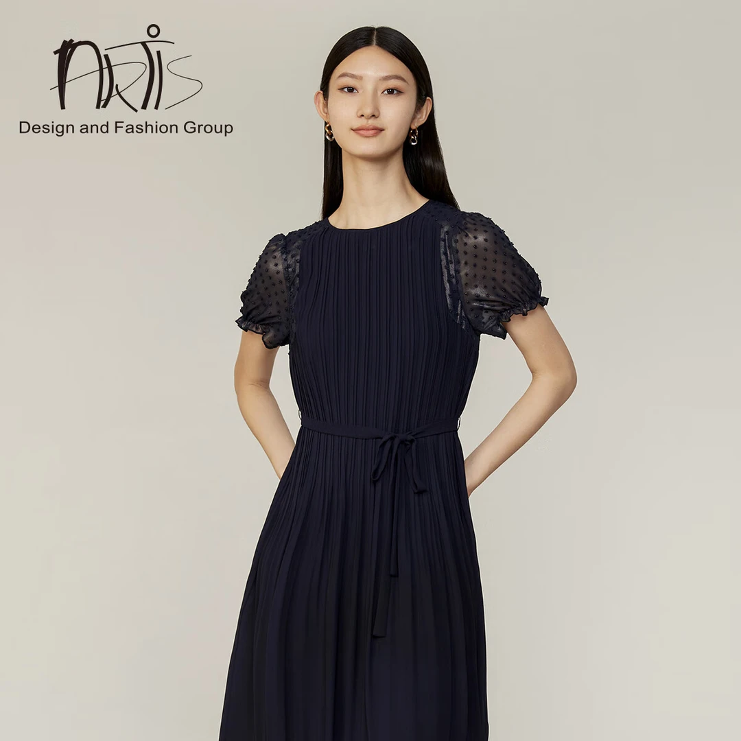 ARTIS女装 蓝色短袖风琴压褶连衣裙AR5617069-255