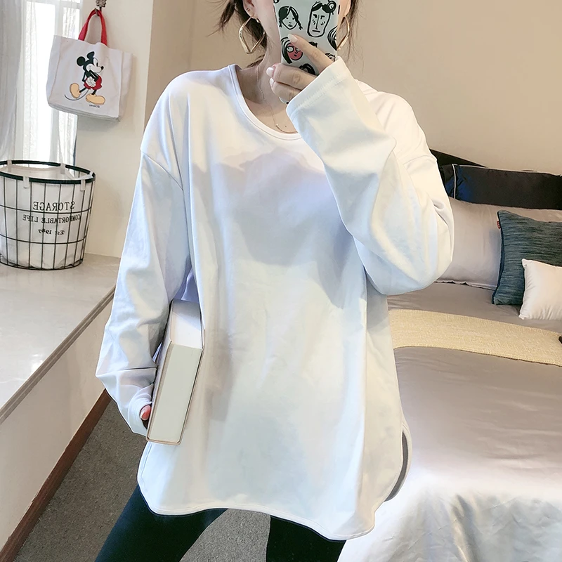 纯棉白色百搭慵懒风长袖T恤女开叉设计感T恤宽松中长款上衣简约潮