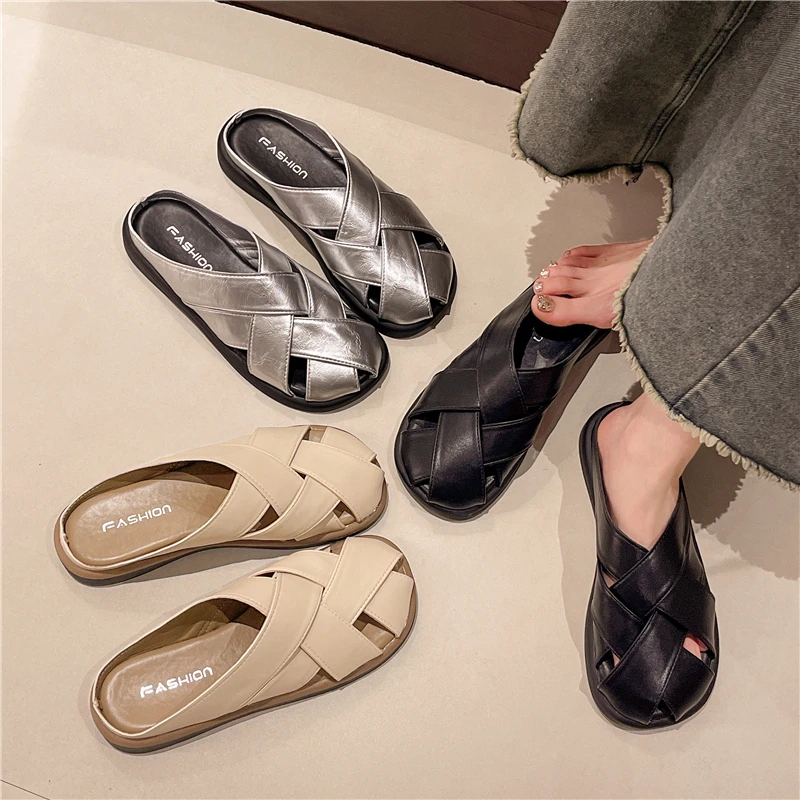 真皮包头拖鞋女2024夏季新款厚底复古编织气质百搭懒人休闲凉拖鞋