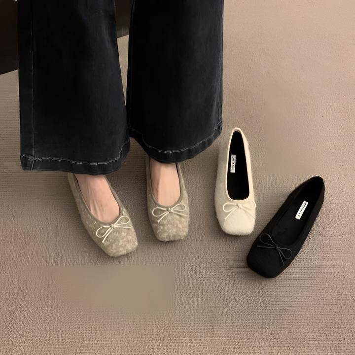 蝴蝶结平底浅口芭蕾舞棉鞋女2024秋冬新款方头舒适通勤豆豆鞋瓢鞋