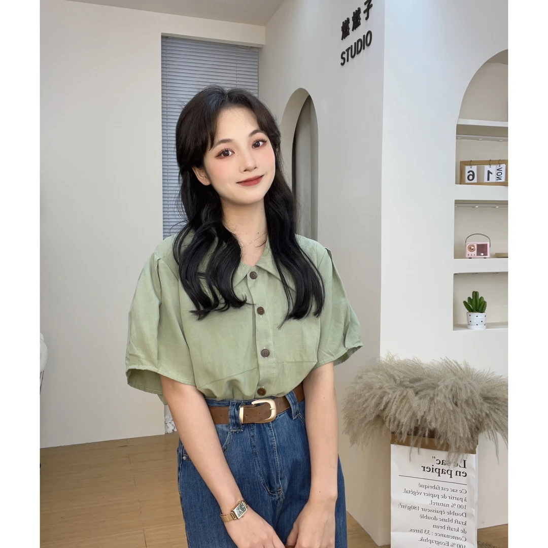 《463》韩版短袖衬衫女夏季2023新款设计感POLO领宽松百搭上衣