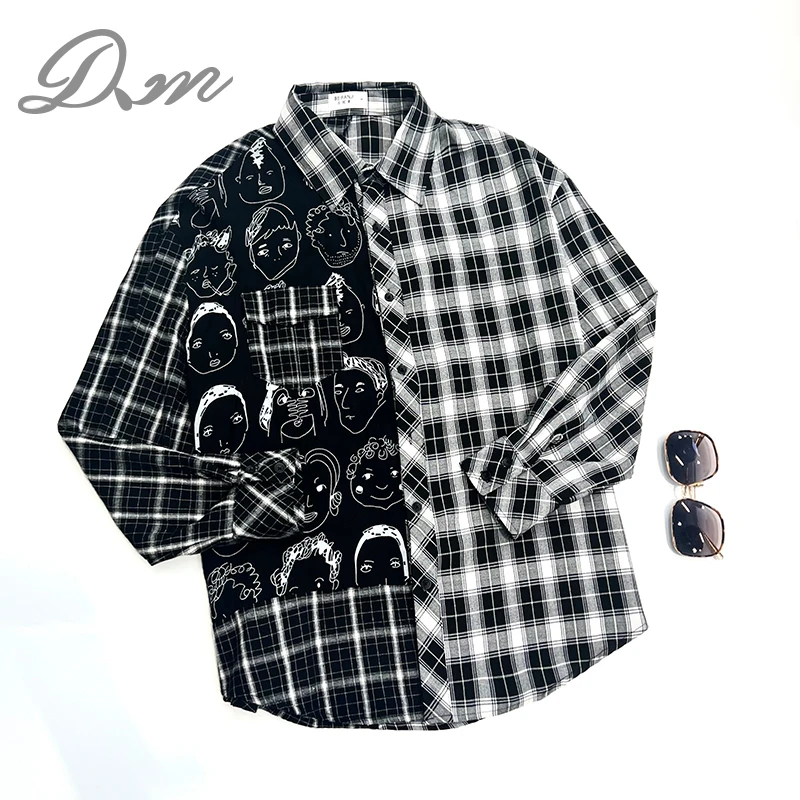 【多米潮牌】字母印花格子拼色显瘦百搭休闲衬衫211C071E宽松