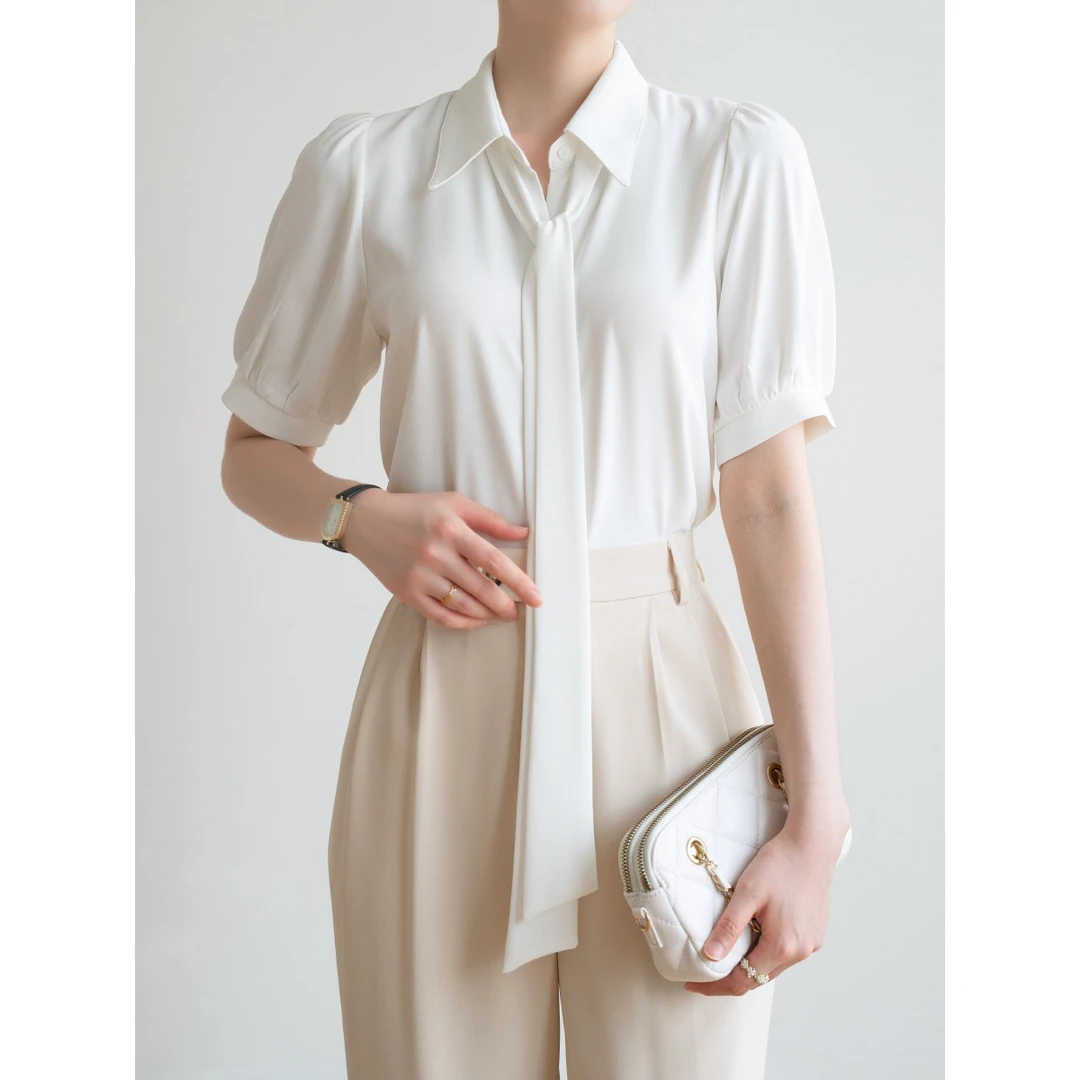 通勤白衬衫女蝴蝶结飘带小众新款泡泡袖职业面试正装短袖衬衣