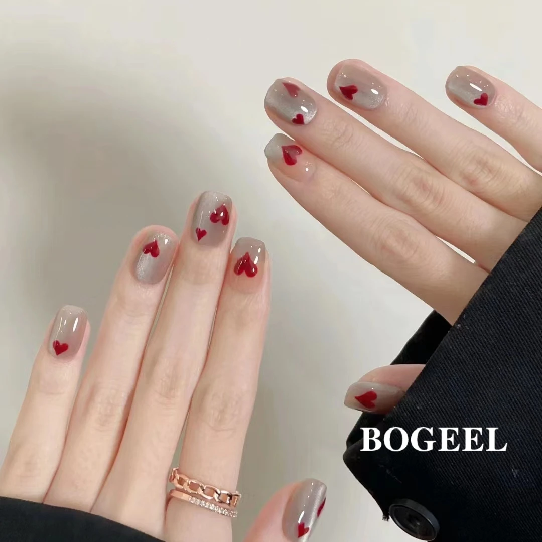 BOGEEL【丘比特】波格利手工设计穿戴甲爱心猫眼裸粉美甲可重复使用