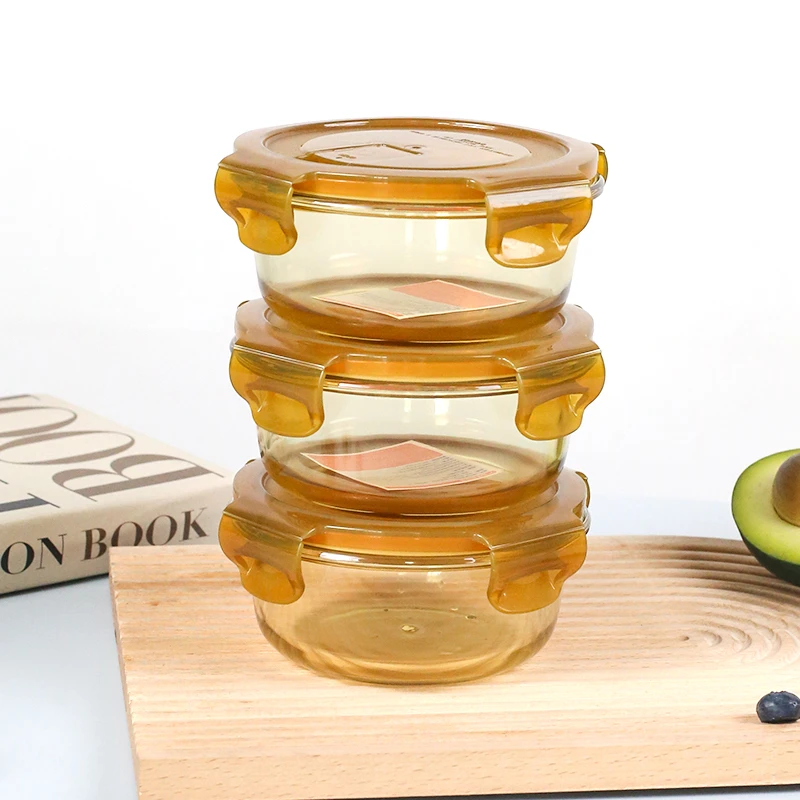 琥珀色圆小饭盒高硼硅玻璃防漏微波炉