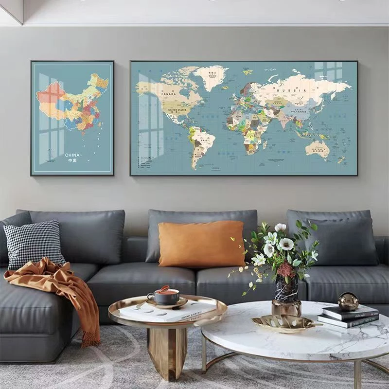免打孔双语版世界中国地图挂画客厅装饰画沙发背景墙办公书房挂画