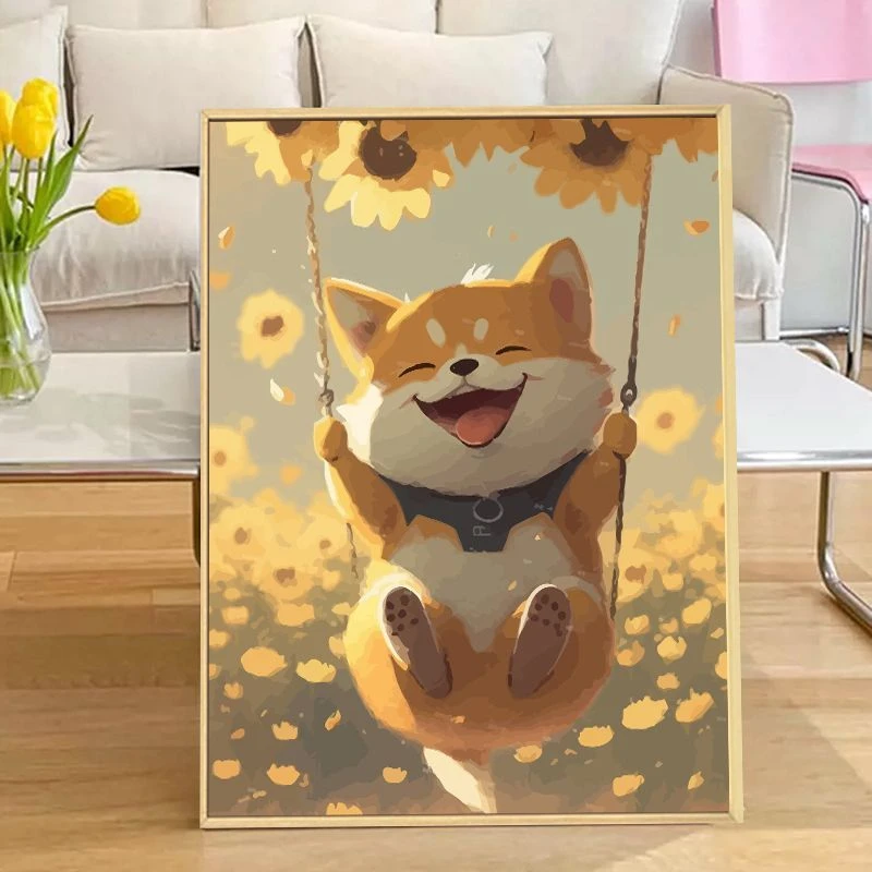 向日葵小狗柴犬挂画可爱狗狗治愈系卡通装饰画客厅卧室桌面摆挂画