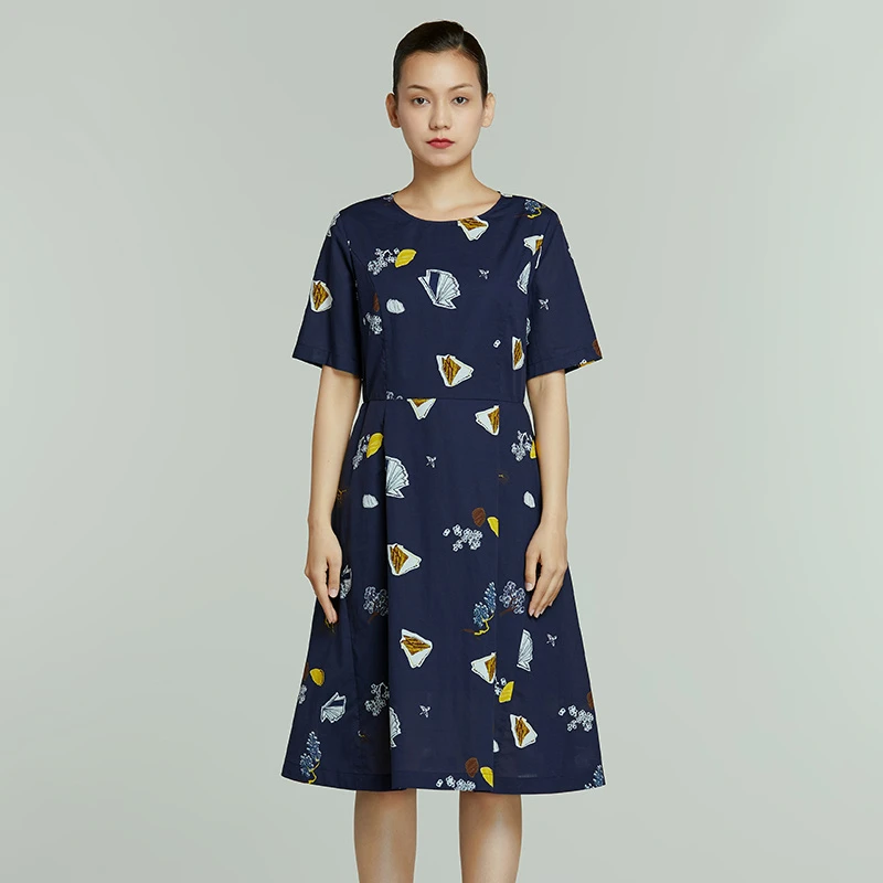 啦娜菲LANAFAY夏季印花圆领连衣裙0X450暗蓝紫松石印花