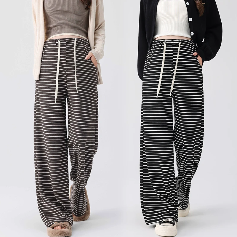 孕妇裤子春秋外穿2025新款时尚百搭条纹休闲裤宽松大码阔腿裤秋装