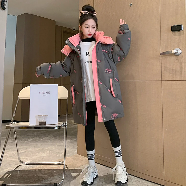 女童冬季厚绒服2023新款洋气女大童白绒加厚儿童冬装连帽厚绒