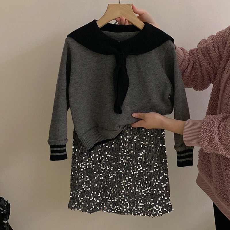 R24561气质女童秋冬套装2024新款海军领针织毛衣加绒亮片半身裙潮