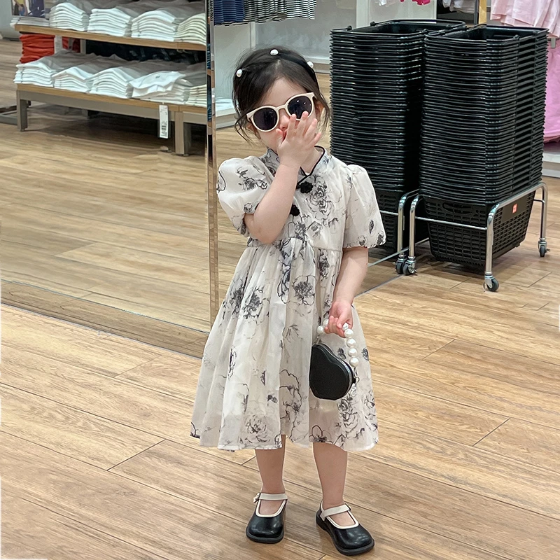【贝】RQ2248童装女童夏季女童洋气碎花裙小女孩中国风旗袍连衣裙