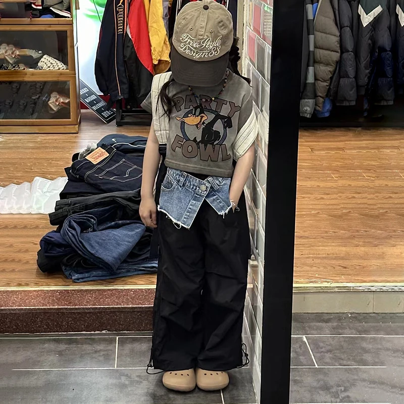 Z-MZL002街头风女童套装2024卡通字母短袖上衣洋气牛仔拼接工装裤