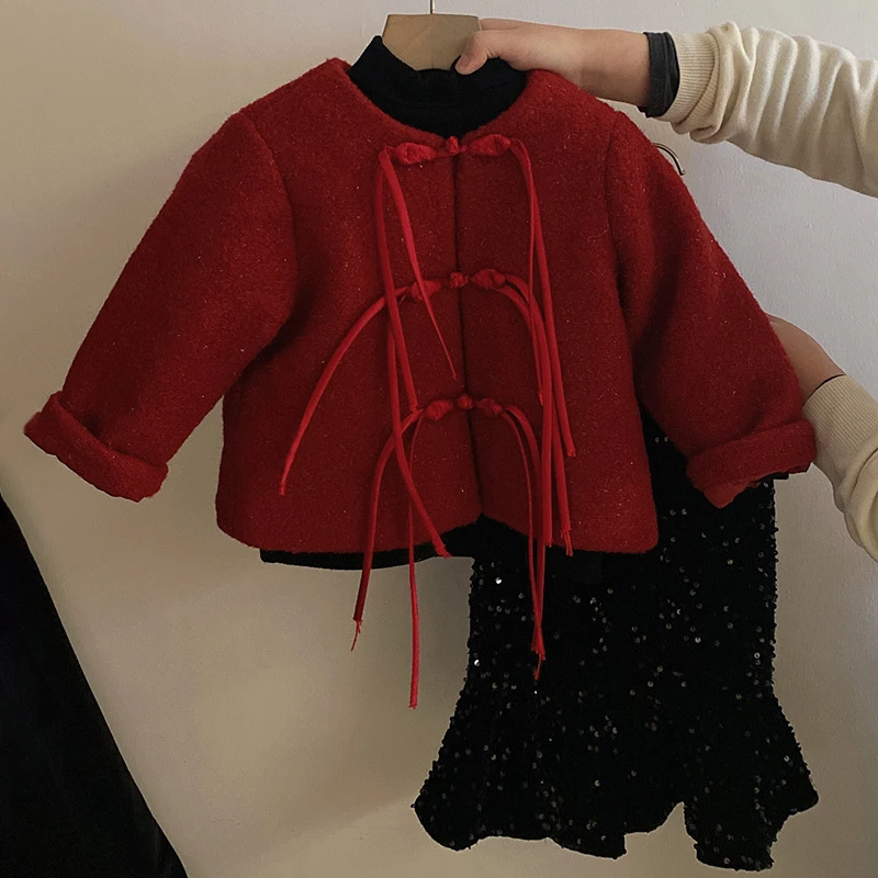 R23770女孩复古盘扣夹棉外套2023冬装女童气质亮片鱼尾半身裙套装