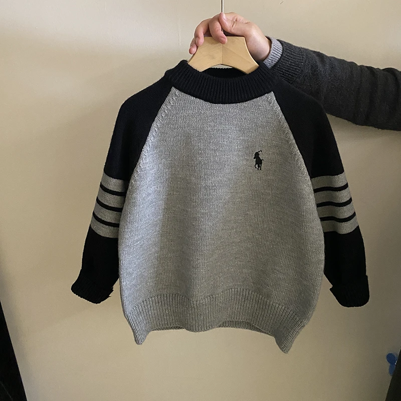 Z-KY051女童韩版拼色条纹针织毛衣2024秋冬新款加绒保暖皮裤套装