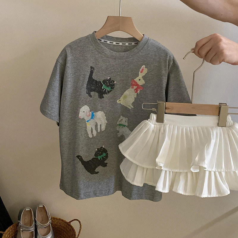 R24244女童卡通套装2024夏新款可爱T恤上衣时尚百褶蛋糕短裙套装