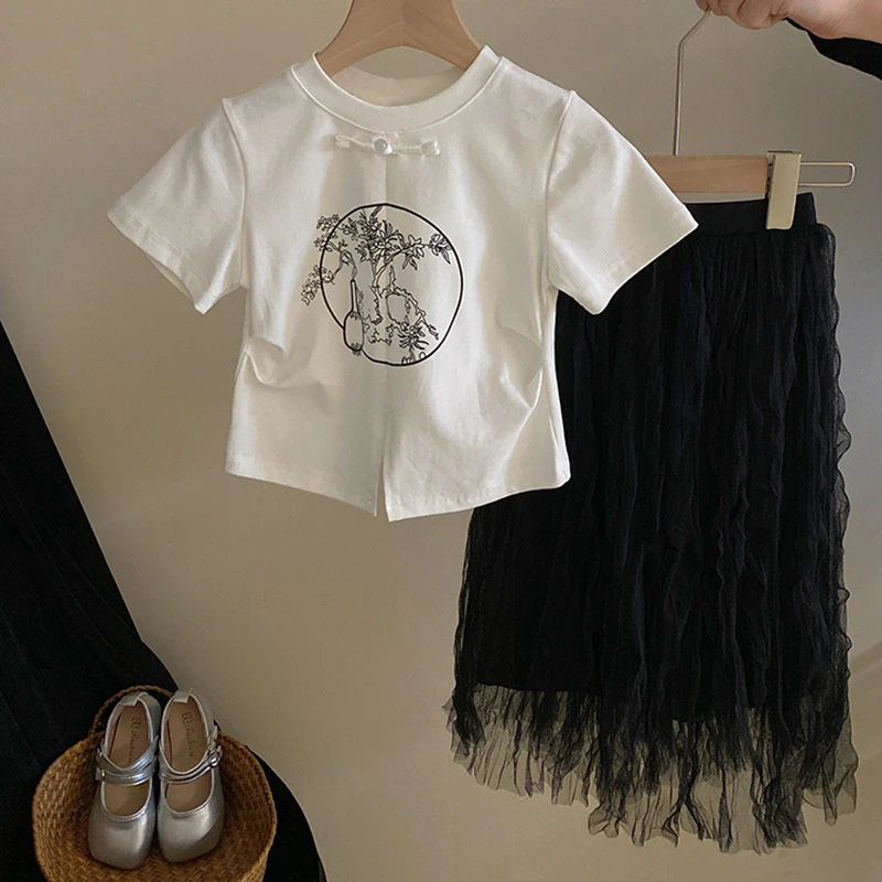 R24208国风盘扣开叉短袖上衣2024夏季女孩百搭网纱褶皱半身裙套装