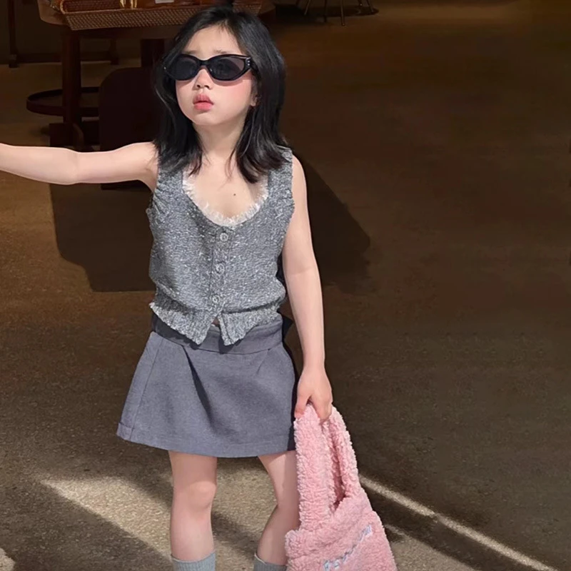 R24179气质女孩套装夏季女童网纱拼接亮闪针织马甲背心百搭半身裙