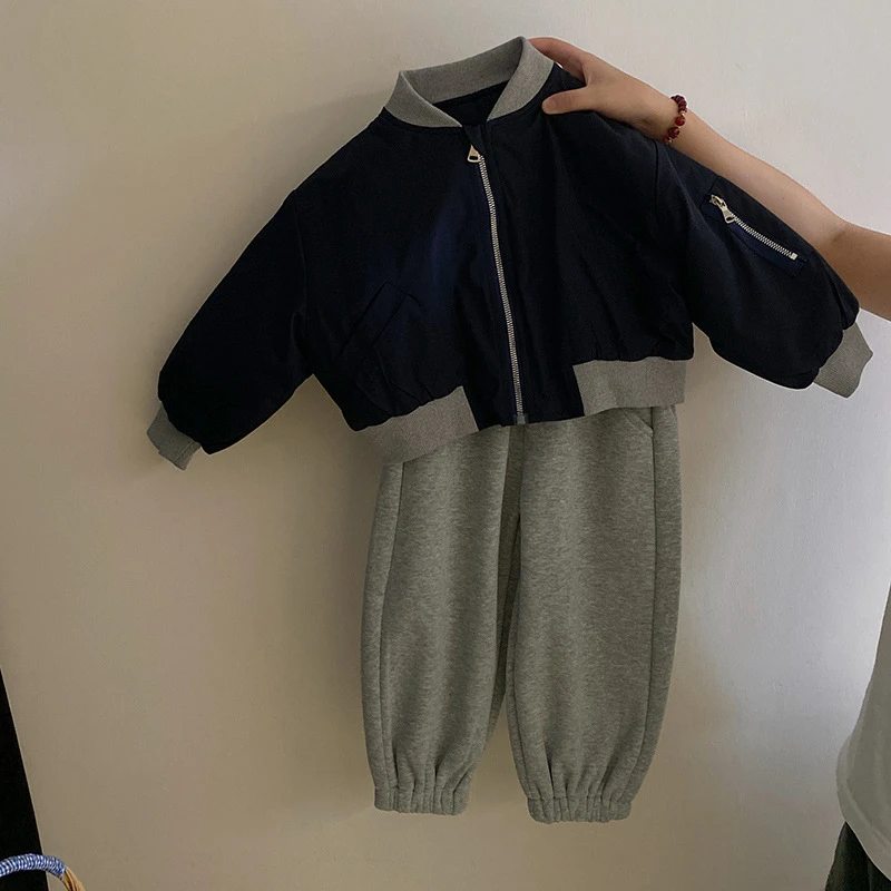 R24445女童韩版拼色夹棉棒球服外套新款加绒休闲卫裤时尚套装潮