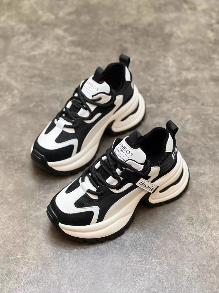 5077-D1-老爹鞋女冬季加绒真皮显脚小增高厚底拼色系带运动休闲鞋