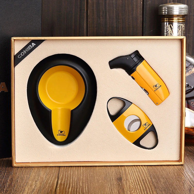 COHIBA/高希霸雪茄剪打火机烟灰缸套装雪茄烟剪三直冲防风打火机