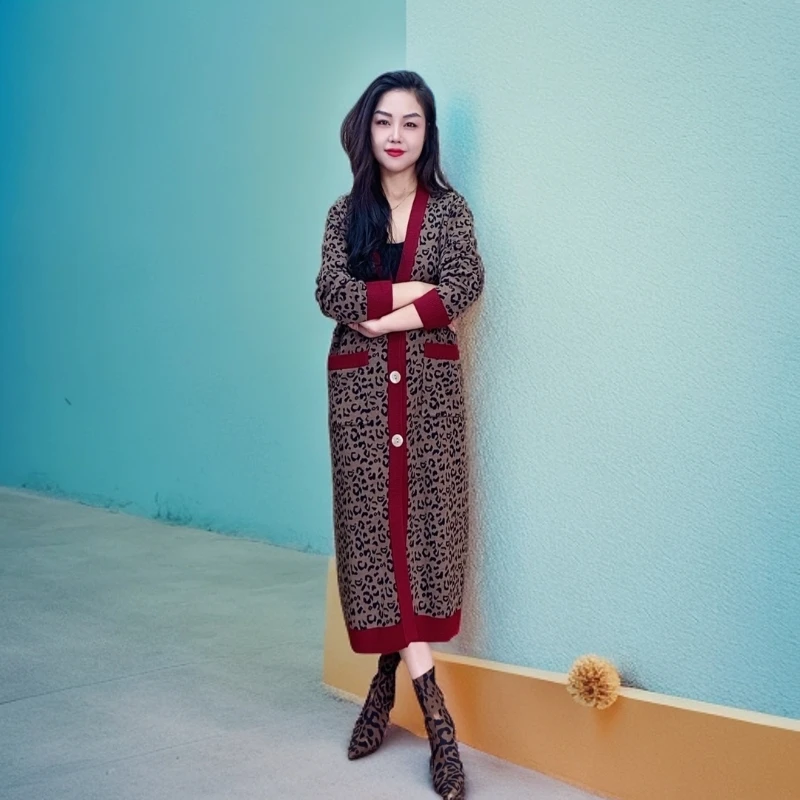 2024年秋冬季新款时尚针织提花V领外套连衣裙024