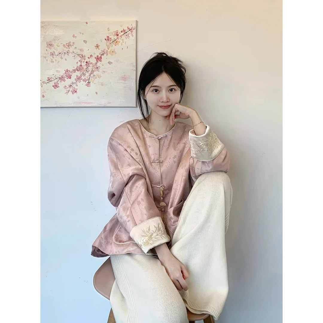 新中式轻国风改良粉色衬衫外套女春季减龄新款超好看提花开衫上衣