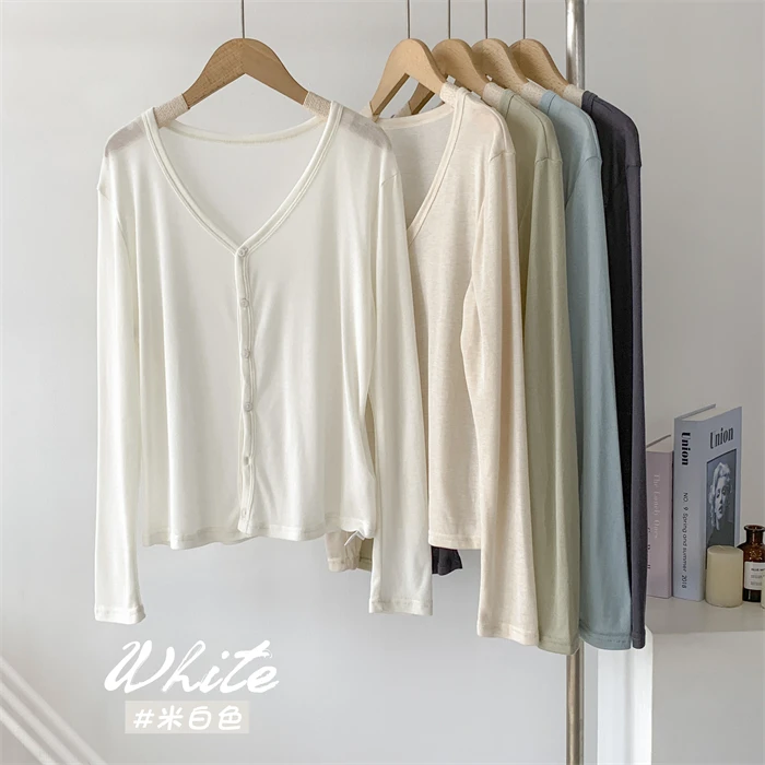 透视V领长袖开衫防晒衣女夏季空调衫薄款气质上衣韩版显瘦T恤透气